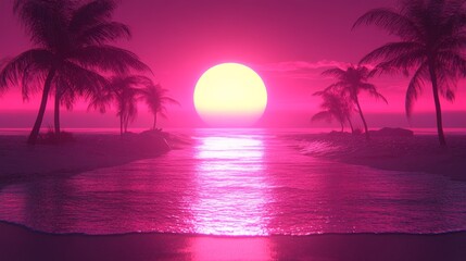 Naklejka premium Radiantretroaestheticpinksunsettropicalvibeshighwaybeachpalmstreesdreamscapedigitalartvibrantscenepurpleoceanfuturisticbeach