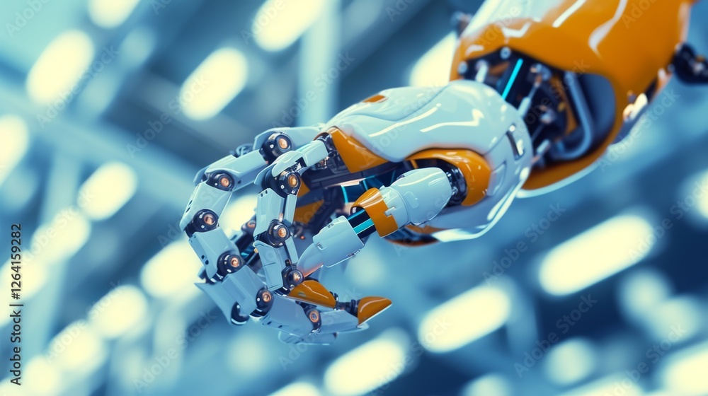Poster a sleek, high-tech robotic hand with a detailed mechanical structure, reaching out in a futuristic e