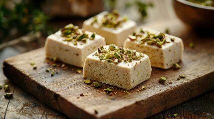 Closeup of delicious Sesame halva with pistachios on a wooden table.