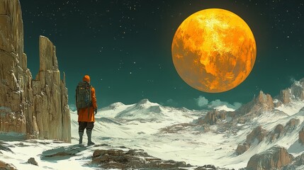 Fototapeta premium Pixelated Voyager Gazing at Lunar Horizon in Snowy Alien Landscape for Retro Futuristic Sci-Fi Aesthetic
