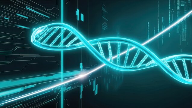 Futuristic DNA Double Helix with Digital Interface