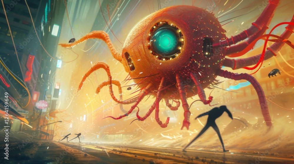 Aufkleber a sci-fi depiction of a massive robotic creature with glowing sensors rampaging through a neon-lit c