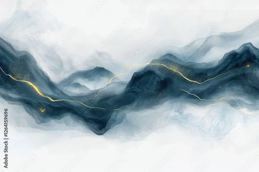 Wall mural abstract fluid art background with waves and golden highlights