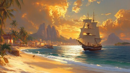 Fototapeta premium GoldenHourCaribbeanVoyageExoticIslandSunsetWithSailingShipAgainstFierySkyTropicalParadiseOceanAdventureScenicSeascapeHistoricalMaritimeArtwork