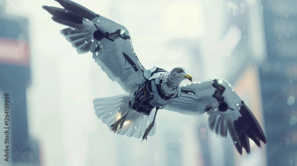 Poster a high-tech robotic bird with mechanical wings flies through a futuristic metropolis. its sleek, cyb