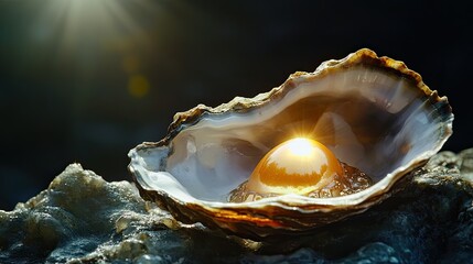 A delicate oyster shell slightly open, showcasing a glowing golden pearl inside, against a dark background.