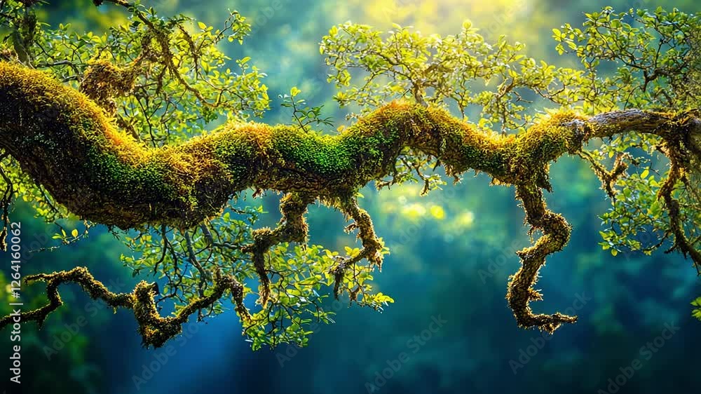 Aufkleber intricate tree branch with lush green foliage in a serene forest setting illuminated by soft sunligh