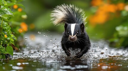 A skunk splashes through a shallow stream surrounded by vibrant flowers in a lush garden
