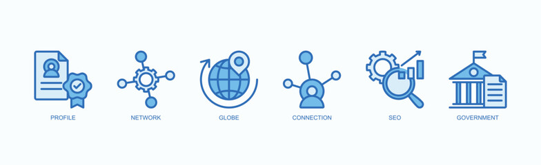 Building Networks, Connections, And Global Influence Icon Set Isolated Vector Illustration Concept With Icon Of Profile, Network, Globe, Connection, Seo, Government In Blue Style