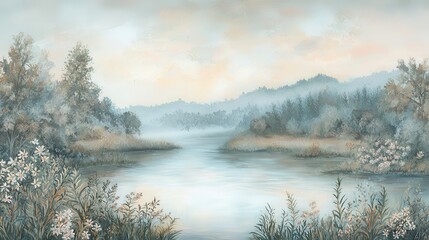 Obraz premium Serene Landscape with Misty Water and Lush Vegetation at Dawn