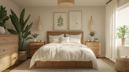 Beautiful bright bedroom with earthy tones and natural elements