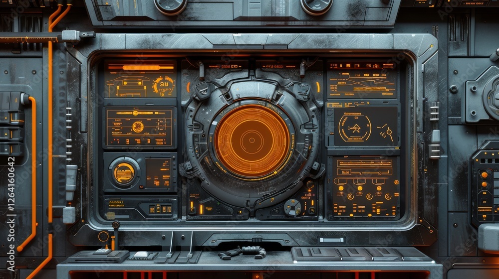 Poster high-tech sci-fi control panel featuring glowing orange holographic interfaces and intricate details