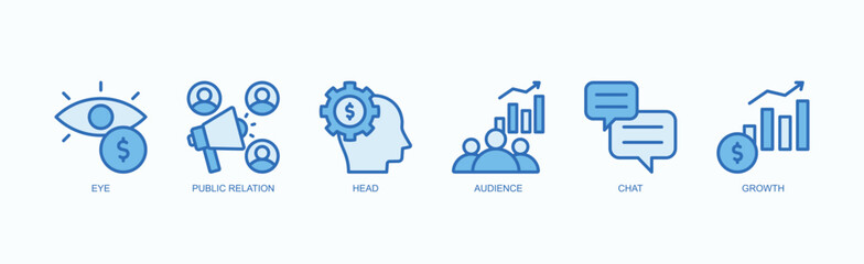 Obraz premium Strategies For Visibility, Engagement, And Growth Icon Set Isolated Vector Illustration Concept With Icon Of Eye, Public Relation, Head, Audience, Chat, Growth In Blue Style