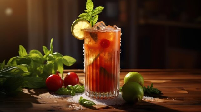 A refreshing Bloody Mary cocktail with tomato juice and spices.
