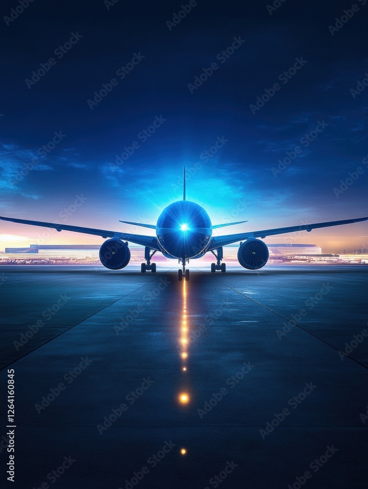 Poster airplane preparing for takeoff on runway during twilight with bright lights illuminating the backgro