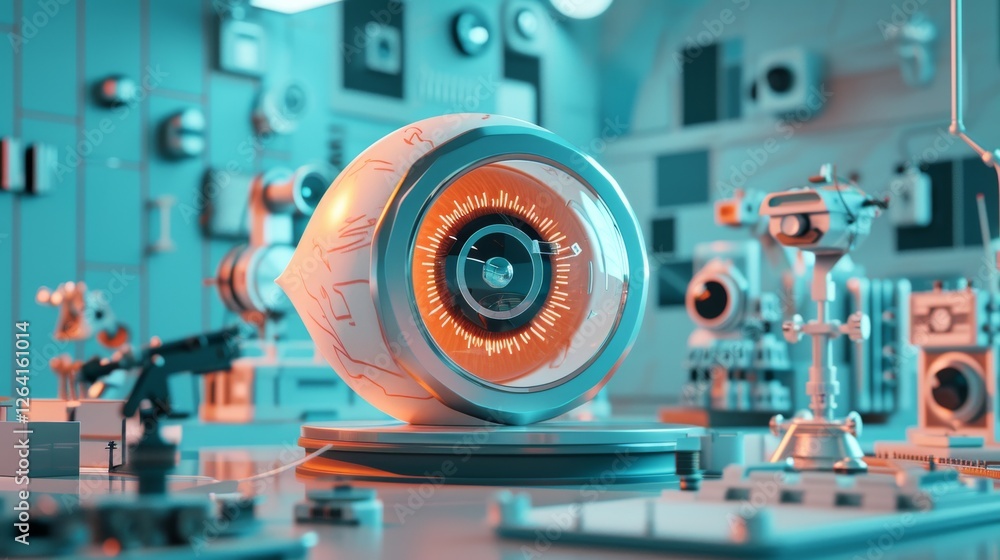 Poster a detailed robotic eye with intricate mechanical features is displayed in a futuristic laboratory, s