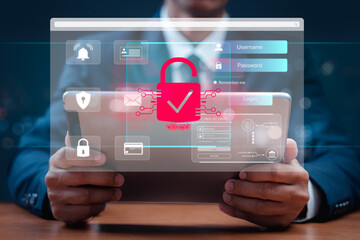 Businessman use a tablet with a fingerprint scanner for secure access, featuring a prominent digital lock icon and cyber security interface. Showcases modern technology for access authentication