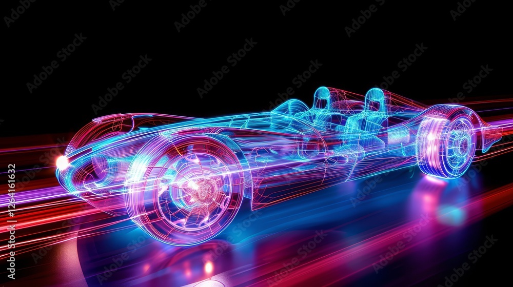Poster a neon wireframe racing car rendered in glowing blue and red lights, showcasing a futuristic and dig