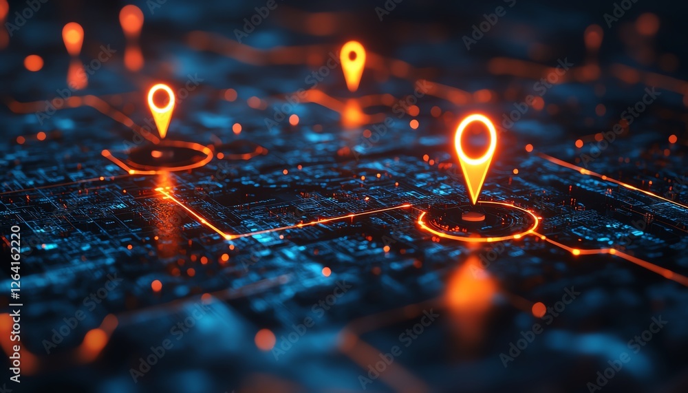 Poster advanced digital interface with glowing location pins, interconnected data streams, sleek and modern