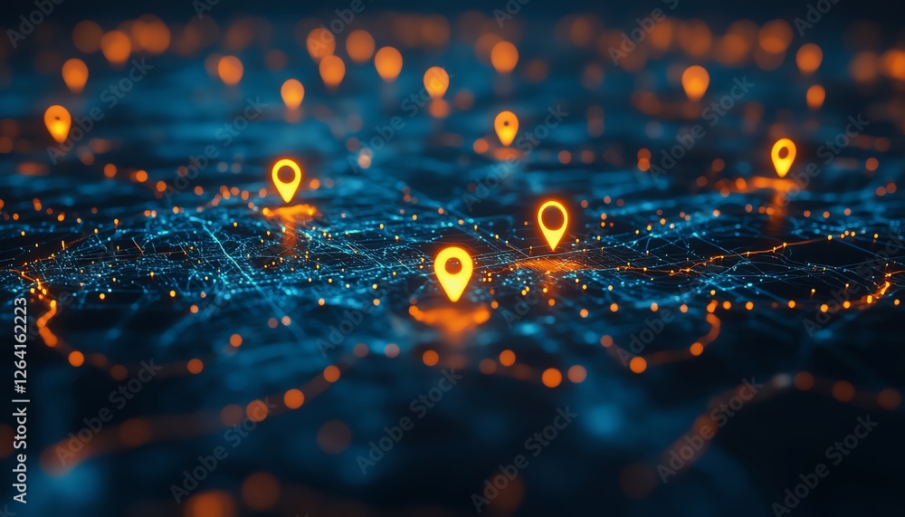 Poster advanced digital interface with glowing location pins, interconnected data streams, sleek and modern
