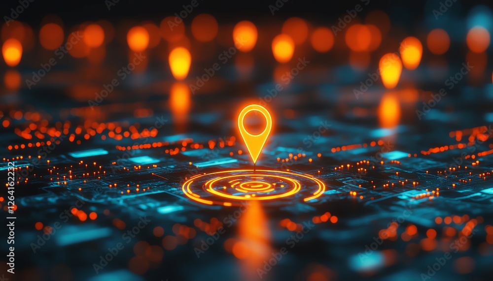 Poster advanced digital interface with glowing location pins, interconnected data streams, sleek and modern
