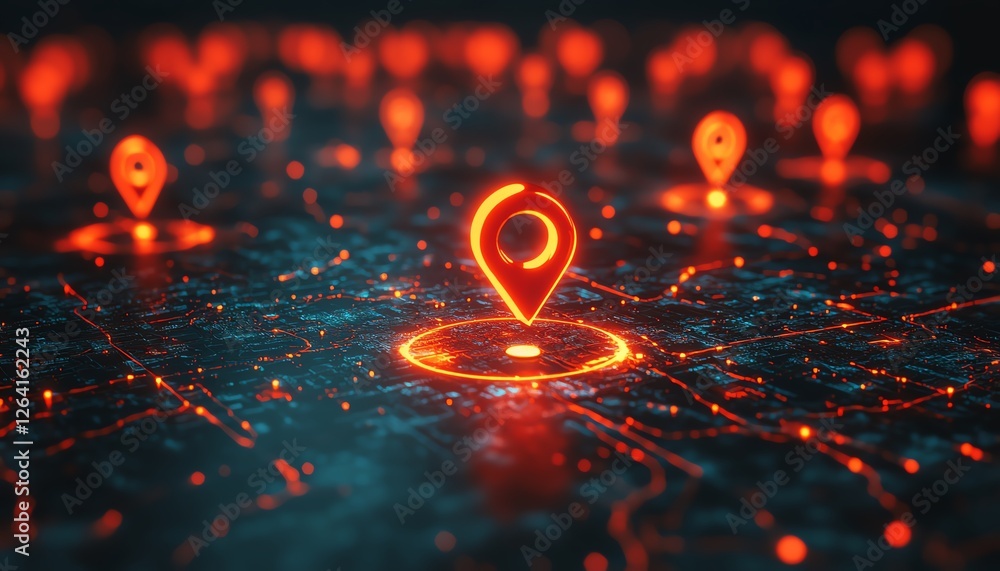 Poster advanced digital interface with glowing location pins, interconnected data streams, sleek and modern
