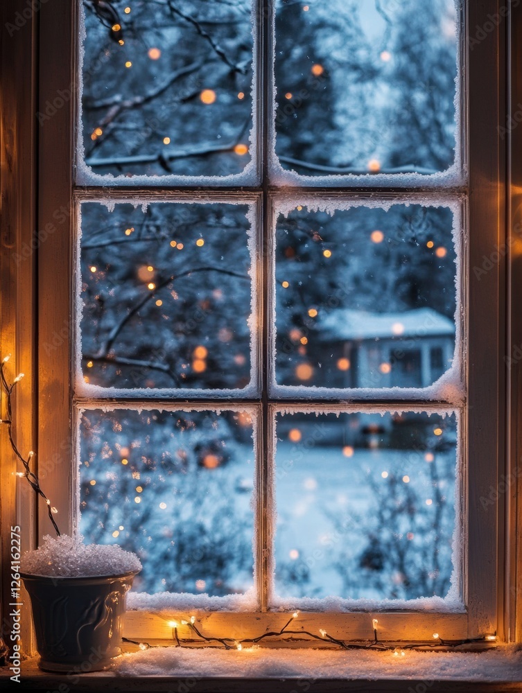 Aufkleber winter wonderland view through a frosty window with glowing lights and a snowy landscape outside. ge