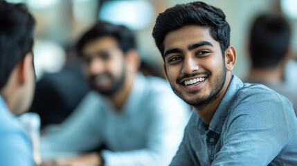 Fototapeta premium A group of young Indian students in their late teens, smiling and talking to each other during an interactive class session, generative AI