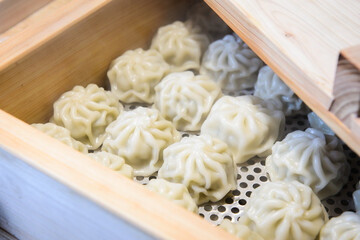 Dim sum in a steamer made from cypress wood.
