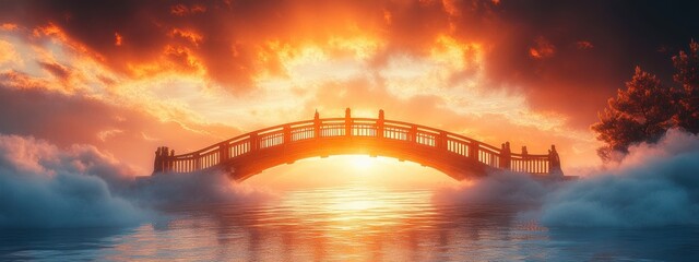 Obraz premium Golden Bridge Sunset Clouds Water Mystical Landscape