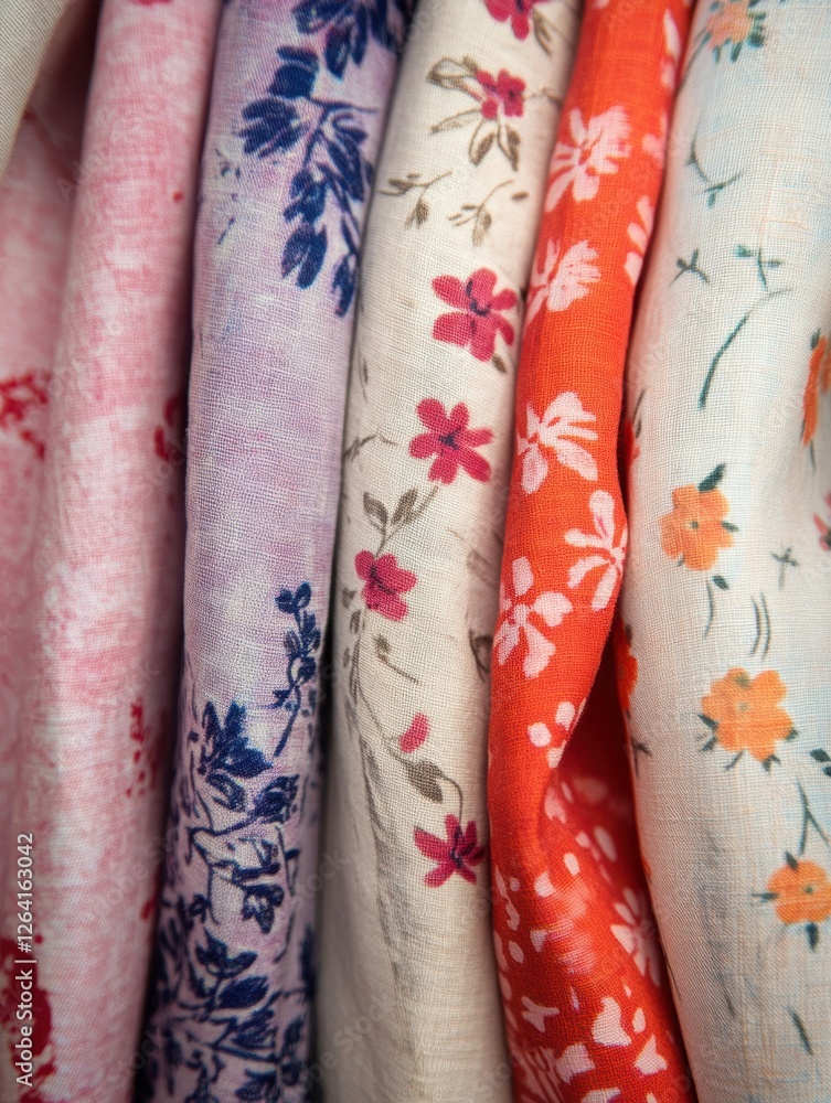 Leinwandbilder Close up view of colorful patterned fabrics showcasing floral and geometric designs with space for additional text. Generative AI
