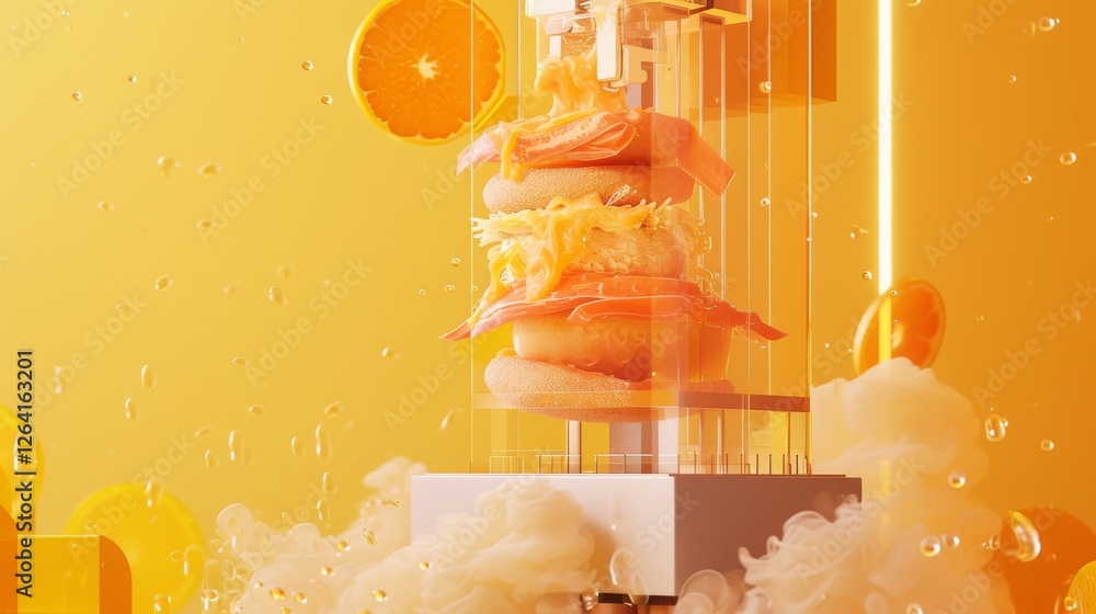 Poster a surreal floating sandwich with layers of salmon, cheese, and lettuce in a futuristic machine. the 
