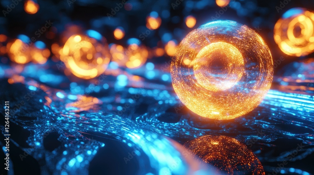 Poster a futuristic 3d rendering of interconnected glowing spheres, forming a complex digital network.