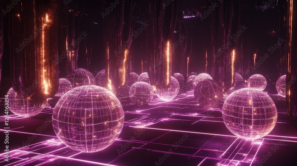 Aufkleber a futuristic 3d rendering of interconnected glowing spheres, forming a complex digital network.