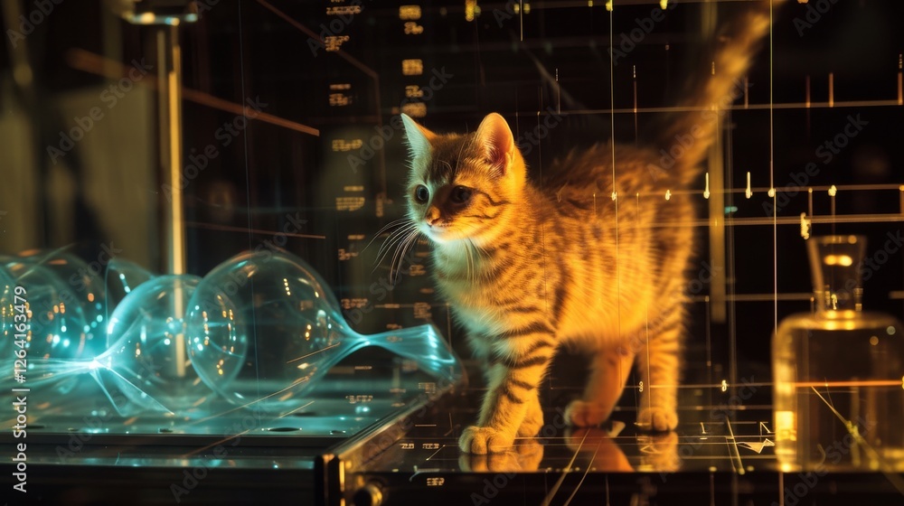 Poster a curious tabby kitten explores a high-tech laboratory with glowing holographic elements and scienti