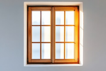 Fototapeta premium Sunlight streams through a wooden window in a white wall