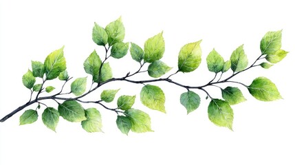 Fototapeta premium Vibrant green leaves on a branch against a white background, ideal for nature-themed designs
