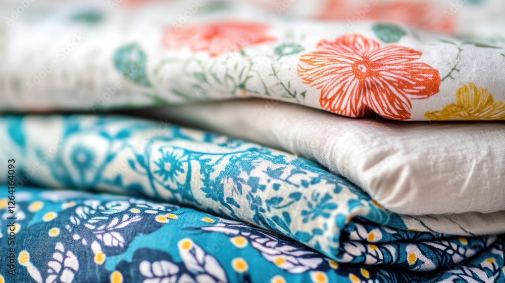 Leinwandbilder close up view of patterned fabrics with floral and geometric designs featuring vibrant colors and te