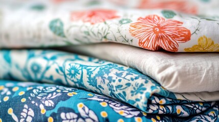 Fototapeta premium Close up view of patterned fabrics with floral and geometric designs featuring vibrant colors and textures. Generative AI