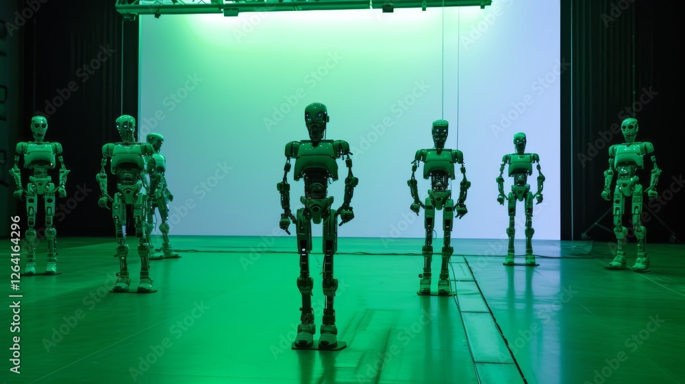 Aufkleber a group of humanoid robots stand in formation in a futuristic setting illuminated by green neon ligh