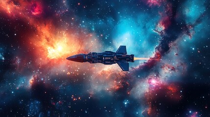 Sci-fi spacecraft flying through a galaxy filled with glowing nebulae