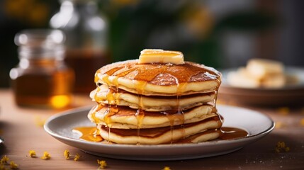 A stack of fluffy pancakes with syrup and butter