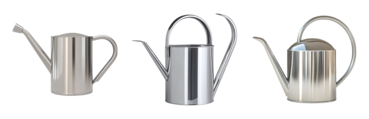 Elegant Metallic Watering Cans on White Isolated on transparent background