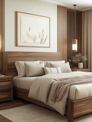 Fototapeta premium Elegant bedroom featuring a wooden bed frame and neutral tones