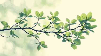 Fresh green leaves gently sway on a branch, illuminated by soft sunlight in a serene background