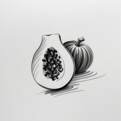 Detailed Pencil Drawing of a Pumpkin on White Background: Realistic Renderings of Texture and Seeds. A black and white drawing of a pumpkin and a half of a papaya.