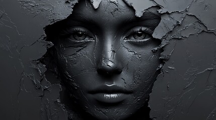 Abstract and fragmented woman s face symbolizing depression and emotional turmoil, muted dark tones, minimalistic style, copy space for text, ultrarealistic textures