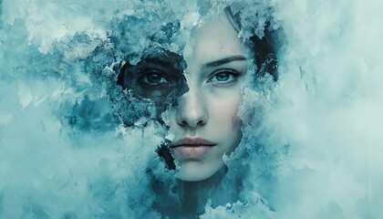 Abstract portrait of a woman with fragmented face, symbols of anxiety and sadness, soft muted colors, empty space for copy, emotional atmosphere, highdefinition detail