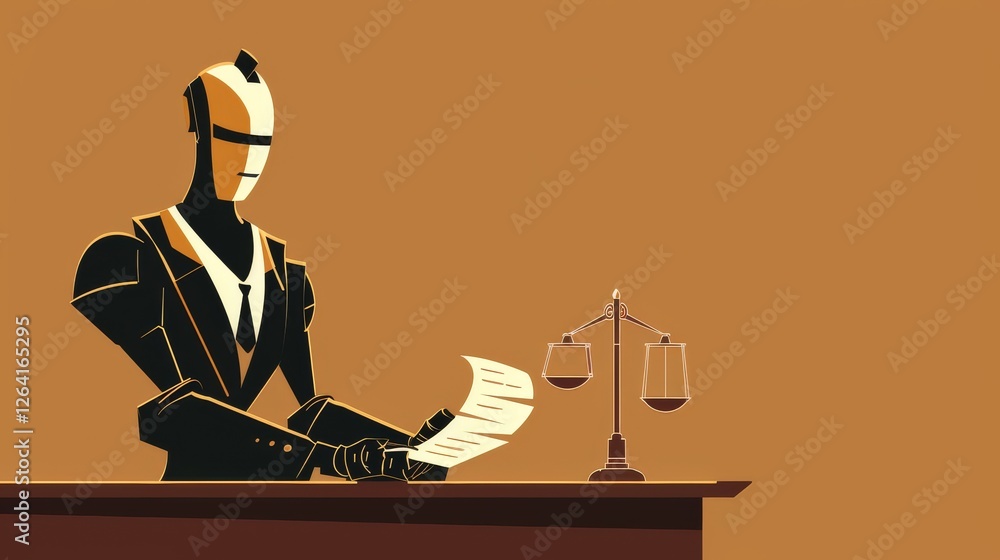 Poster a stylized ai robot judge reviews a legal document at a desk with justice scales, symbolizing ai in 