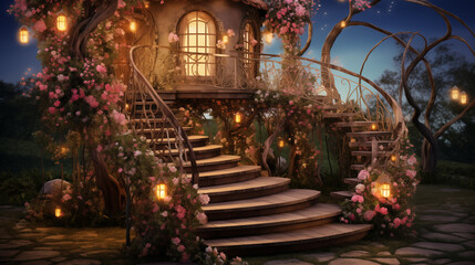 Fototapeta premium Enchanting treehouse in an enchanted forest, adorned with fairy lights and blooming flowers, featuring a winding staircase leading to a cozy entrance, creating a magical ambiance.